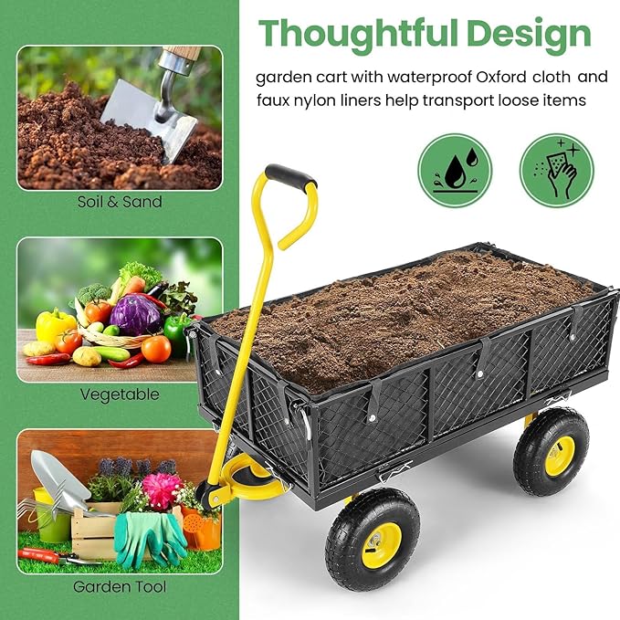 Homdox MAX 880 Lbs Garden Cart, Heavy Duty Foldable Mesh Steel Garden Wagon with 180° Rotating Handle and 10 Inch Tires, Pullable Yard Cart for Yard Garden Beach Farm, Yellow with Bag