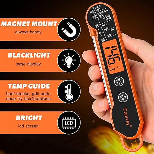Digital Meat Thermometer Instant Read - Ultra Fast 1s Reading, Waterproof with Backlight & Motion Sensor for BBQ, Grilling, Smoker, Candy, Oil (Orange)