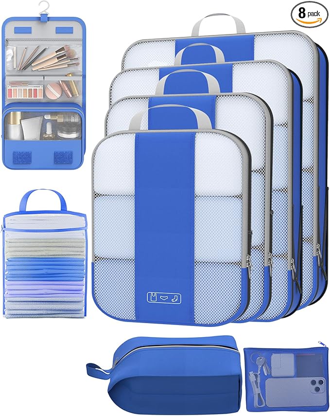 8 Set Compression Packing Cubes for Travel Essentials,Compressible Expandable Packing Cubes for Suitcase,OlarHike Luggage Organizer Bags for Travel,Handy Helper for Organizing Clothes(Klein Blue)