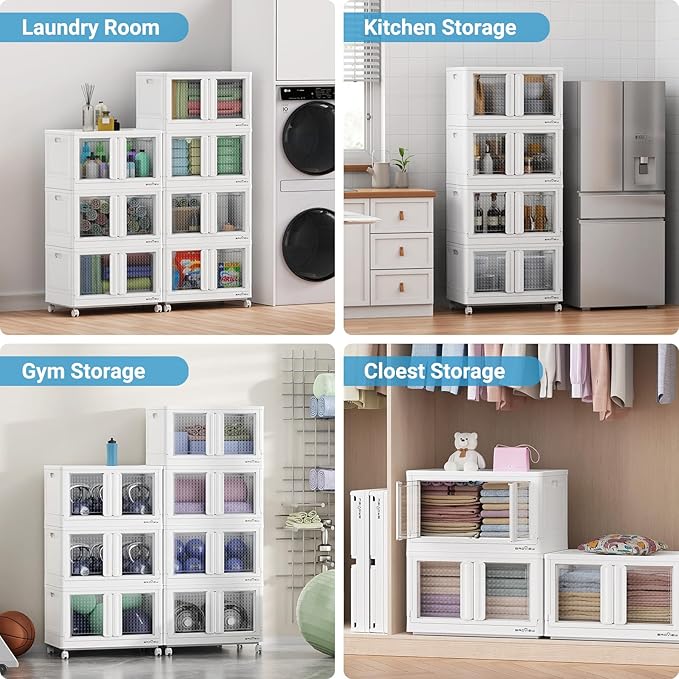 400Qt Stackable Storage Bins with Lids, 100Gal Closet Organizers and Storage Drawer, Plastic Collapsible Storage Bins with Doors, Heavy Duty Store Box Cabinet for Home Kitchen, 4Pack White