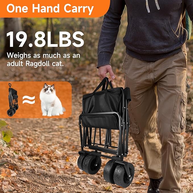 Collapsible Wagon Cart with Big Wheels, Foldable Heavy Duty Beach Cart with 330lbs Weight Capacity, 120L Portable Utility Grocery Wagon with Pocket & Brakes for Garden Sports Camping Travel Picnic