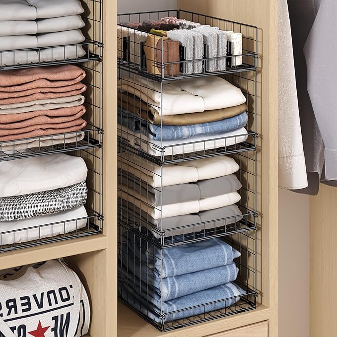 4 Pack Closet Organizers and Storage Shelves for Clothes, 4 Tier Stackable Closet Storage Basket Bin Container for Clothing Sweater Jean, Narrow, Foldable, Sturdy Metal Closet System Organizer Shelf