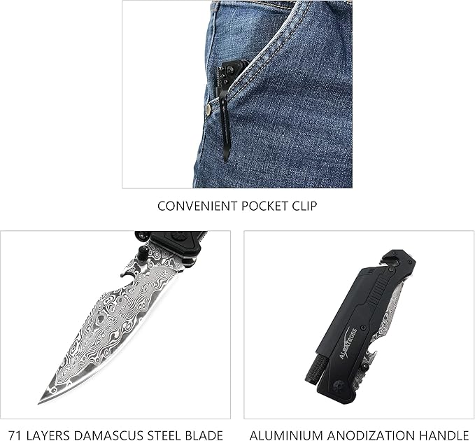ALBATROSS 6-in-1 Modern Damascus Steel Folding Pocket Knives with LED Light,Seatbelt Cutter,Glass Breaker,Magnesium Fire Starter,Bottle Opener;Multi-Function Emergency Tool(Black-DA)