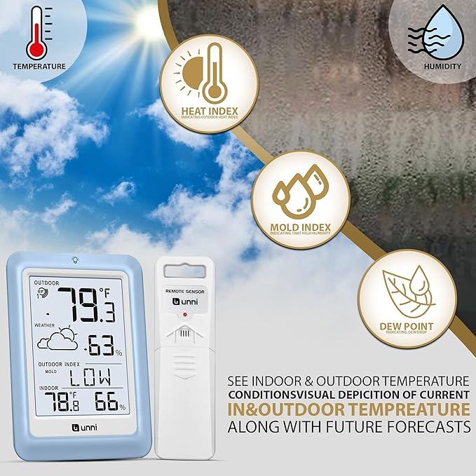 Indoor Outdoor Thermometer Wireless Weather Station, Temperature Humidity Monitor Battery Powered with 330ft Range Remote Sensor and Backlight Display（Light Blue）