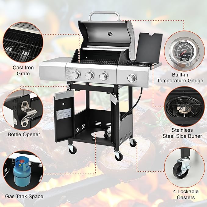 3-Burner BBQ Propane Gas Grill with Side Burner, 40,500 BTU Stainless Steel Patio Barbecue Grill with Storage Rack, Tool Hooks & Bottle Opener, for Camping, Outdoor Cooking (Style2)