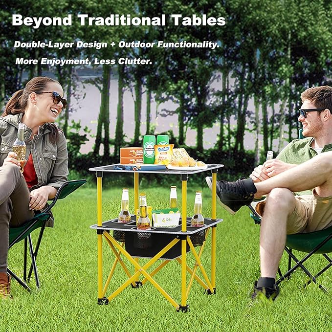 Folding Camping Table with 4 Cup Holders, Lightweight Portable Beach Outdoor Picnic Table, Square Camp Table with Built-in Food Basket Travel Bag for BBQ, Camping, Tailgate