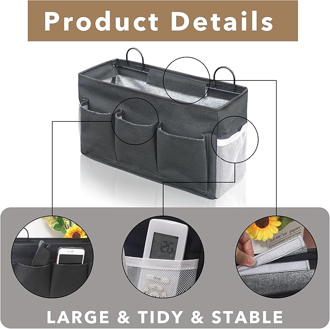 2pcs 3-pockets Large Wall Hanging Organizer Bag, Linen Fabric Door Hanging Storage Baskets with Pockets, Waterproof Bin for Kitchen, Bedroom, Office, RV Camper (Black-2pcs)