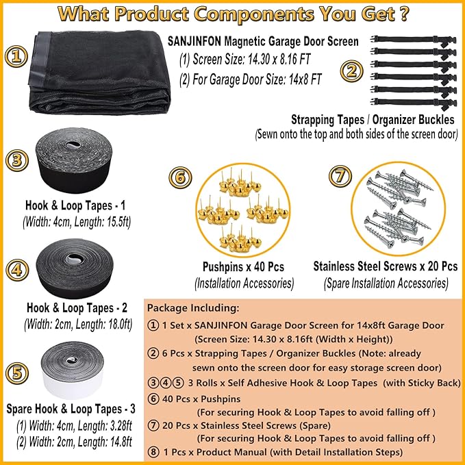 Garage Door Screen for 1 Car Garage 14x8FT, Magnetic Screen Door 14x8 FT Garage/Patio/Porch/Balcony with Retractable Fiberglass Mesh & Heavy Duty Weighted Bottom, Hands Free Easy Assembly & Pass