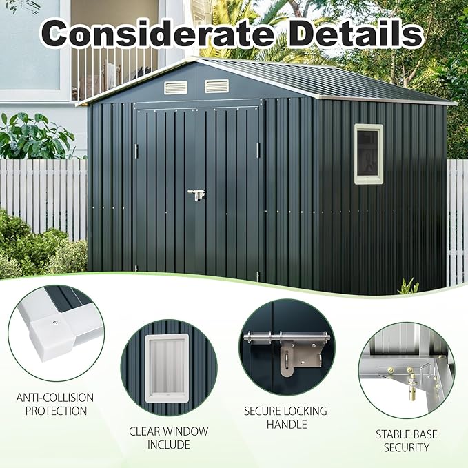 8x6FT Outdoor Steel Storage Shed with Clear Window, Lockable Doors, Weather-Resistant Metal Tool Shed for Garden, Backyard, Patio, and Utility Storage