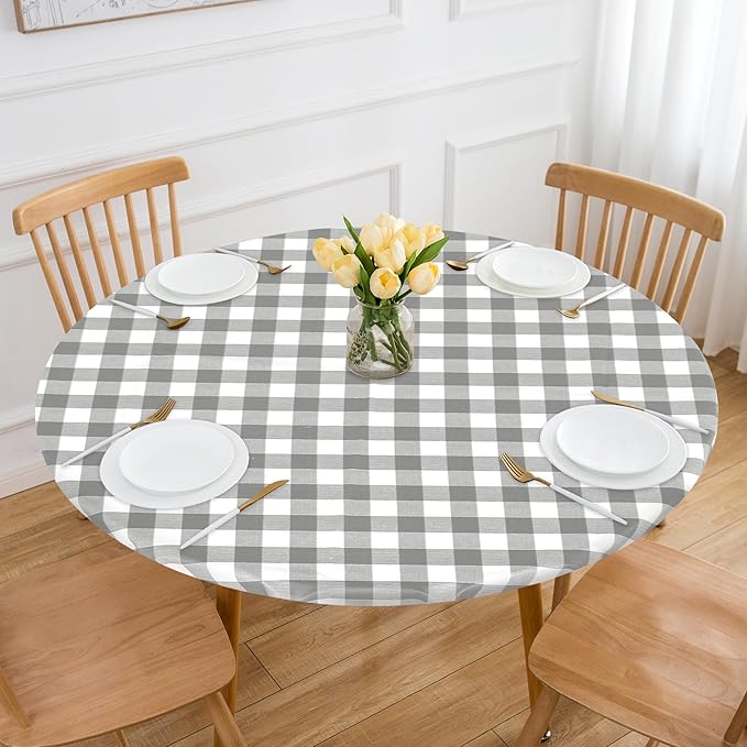 Fitable Round Vinyl Fitted Table Cover - 4 Pack Waterproof Checkered Elastic Edged Tablecloth Flannel Backed Table Cloth for Picnic Party, Silver/White (Fit for 45"-56" Round Tables)
