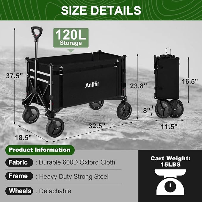 Collapsible Wagon Carts,Folding Wagon Cart with All Terrain Wheels,Heavy Duty Garden Carts with Adjustable Handle,Outdoor Utility Wagon for Camping Shopping Sports Fishing (Black)