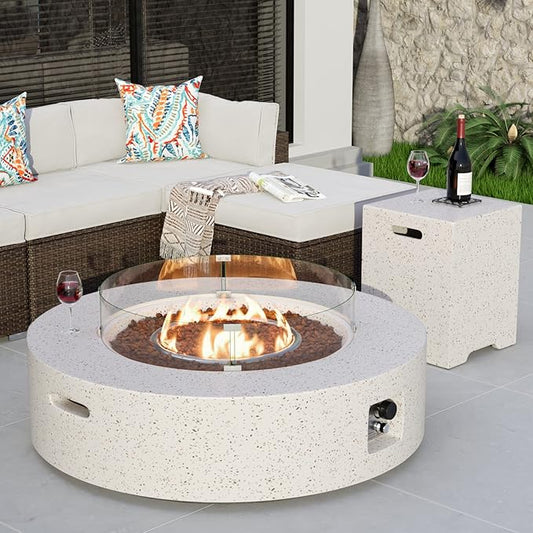 COSIEST 2-Piece Outdoor Propane Firepit Table Set w Tank Table, 42 inch Dark Fire Table CSA Certified, 50,000 BTU w Beige Round Base,Wind Guard and 16 inches Tank Side Table 20lb for Garden,Pool