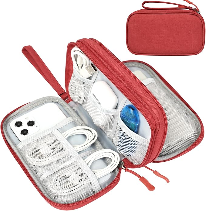 FYY Travel Cable Organizer Pouch Electronic Accessories Carry Case Portable Waterproof Double Layers All-in-One Storage Bag for Cord, Charger, Phone, Earphone Red