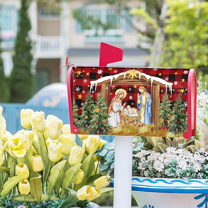 Christma Jesus Nativity Mailbox Cover Magnetic Standard Size 21" X 18" Xmas Holly Night Letter Post Wraps Religious Christian Jesus Red Buffalo Plaid Decorative Postbox Covers for Home Garden Yard