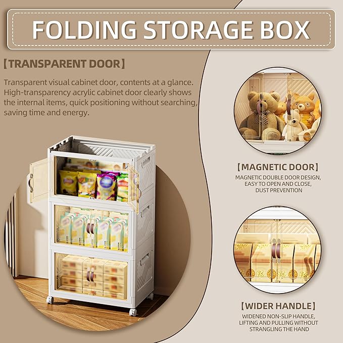 252 QT / 63 Gal Magnetic Door Storage Bins Collapsible Stackable w/1 Lid, Heavy Duty Plastic Cabinet with Wheels for Home Office Organization (White)