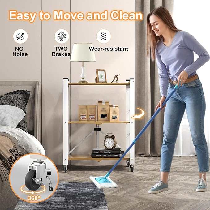 3 Tier Folding Shelf with Wheels, Metal Steel Collapsible Shelves, Folding Bookshelf no Assembly, Portable Folding Storage Shelves, Rolling Standing Utility Rack for Kitchen, Office, Bedroom, Natural