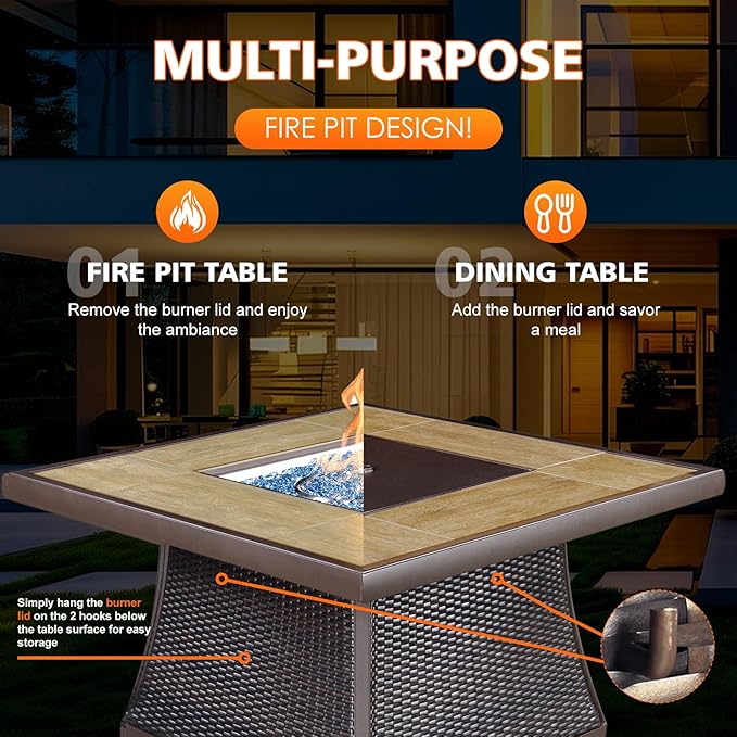 42" Propane Fire Pit Table, Patio Dining Fire Pit Table, 50,000BTU CSA Certified, Tile, Aluminum, & Wicker Details, with Lid&Wind Guard, Outdoor Fire Pit Accessories Included, for Garden, Yard