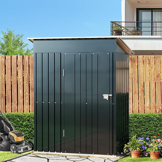 Breezz 5x3FT Vertical Outdoor Steel Storage Shed with Floor Frame, Lockable Doors, Compact Metal Tool Shed for Garden, Backyard, Patio, Utility, and Bike Storage