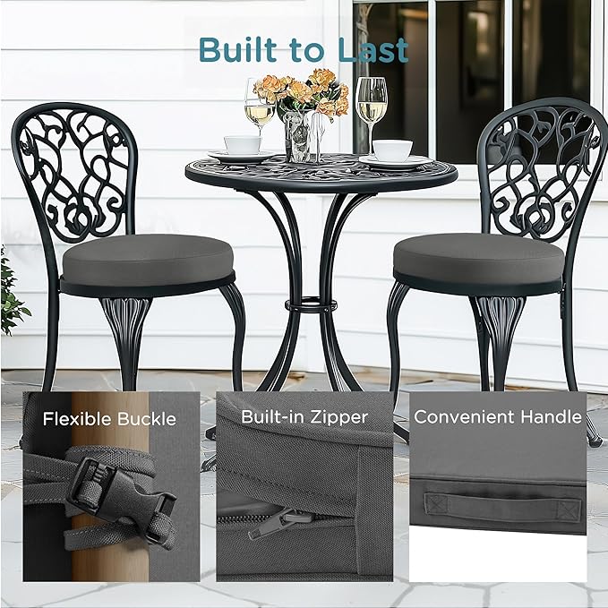 Codi Round Outdoor Chair Cushions 15 Inch, Patio Bistro Cushion Set of 2, Waterproof with Adjustable Straps, Grey 15x15''