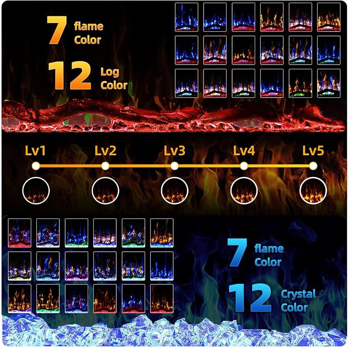 BREEZEHEAT 60 Inch Electric Fireplace-Recessed & Wall Mounted Linear Fireplace-750/1500W Heater w/Temperature Control, Log & Crystal Options, Adjustable Flame, Remote Control