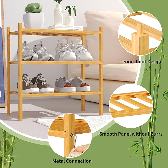 3-Tier Bamboo Small Shoe Rack, Free Standing Wood Shoe Shelf Storage Organizer for Closet Entryway Stackable (Natural)