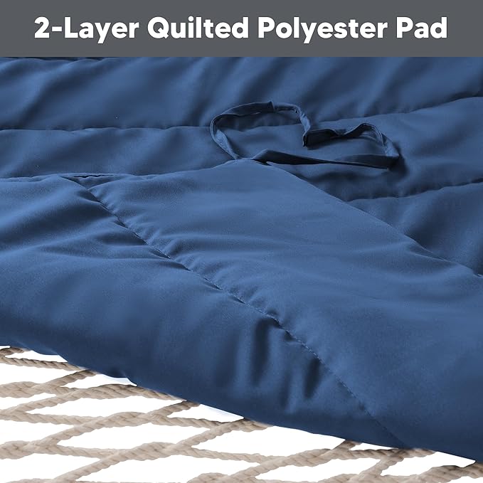 SUNCREAT Double Portable Rope Hammock with Stand Included, Outdoor Two Person Hammock with Polyester Pad, Navy