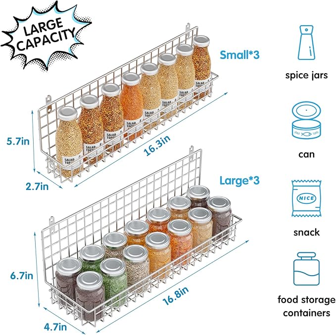 JKsmart Spice Rack Organizer 6-Tier Wall Mounted & Over the Door Spice Racks for Kitchen Pantry Bathroom,Two Size, Large Capacity, Silver