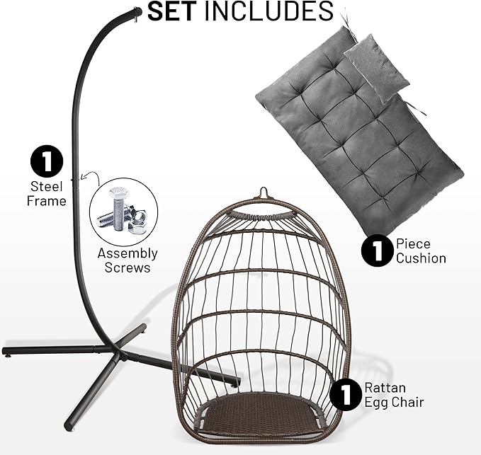 SereneLife Foldable Egg Chair with Stand – Hanging Rattan Wicker Swing for Indoor Outdoor Use – 350 lbs Capacity, Breathable Cushion & Headrest – Patio, Balcony, Porch, Bedroom Lounge Furniture