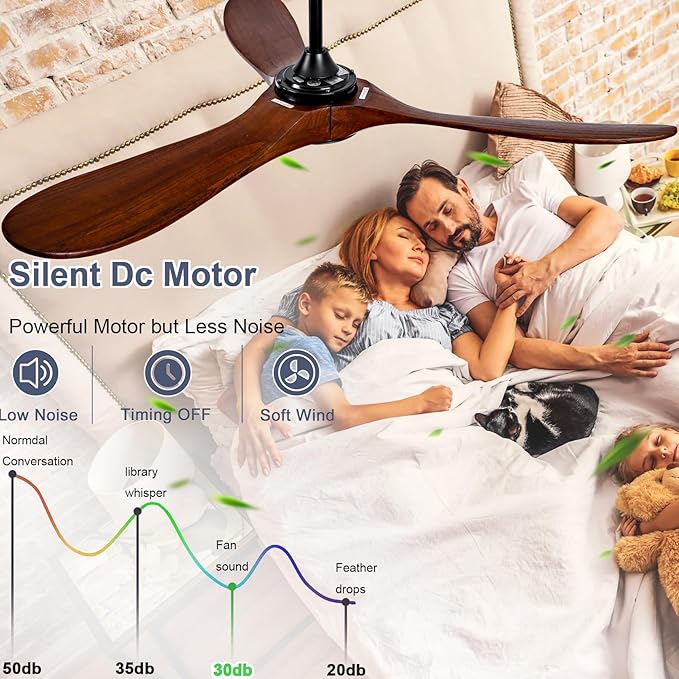 52” Ceiling Fans with Remote/Light/APP,Dimmer and Color, Wooden Ceiling Fan with 3 Wooden Blades for Patio, Living Room, Gazebo, etc. (Black + Walnut)