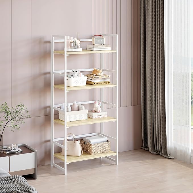 BHG Vintage Multifunctional Folding Bookshelf, No-Assembly Plant Stand Storage Rack Shelves for Home Office (White, 4-Tier)