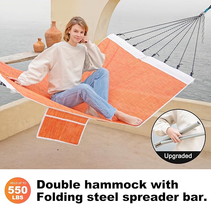 14ft Two Person Outdoor Hammock, Portable Camping with Folding Steel Spreader Bar, Carrying Bag, Carabiners, Tree Straps, Pillow & Sidebag, Quick Dry Textilene Fabric, 550 lbs Capacity (Sunset)