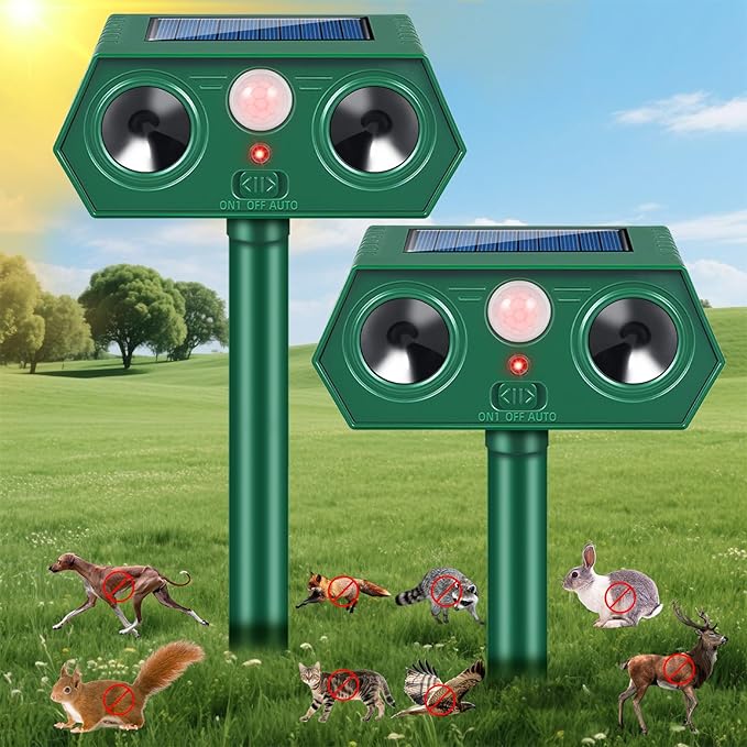 2 Pack Solar Ultrasonic Animal Repellent Outdoor,Deer Repellent Devices Motion Detection,Cat Squirrel Rabbit Repellent for Garden Yard,Waterproof Animal Repeller for Skunk Dog Racoon Rodent