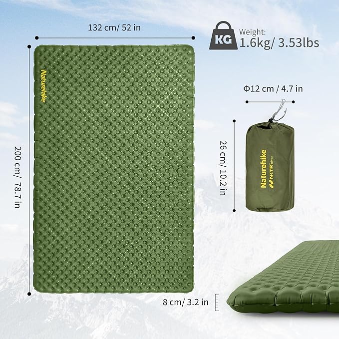 Naturehike 3.5LB Ultralight Insulated Double Sleeping Pad with R4.6, 3.2in Thickened NKTR™ AIR Inflatable Sleeping Mat for Camping, Hiking, Climbing with Inflatable Bag, 2 Person Green