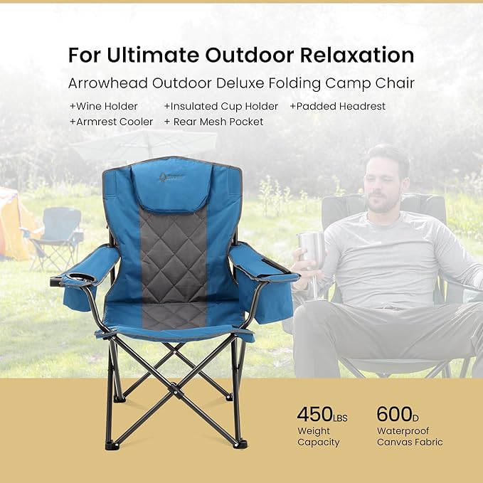 ARROWHEAD OUTDOOR 2-Pack Portable Folding Camping Quad Chair w/ 6-Can Cooler, Cup & Wine Glass Holders, Heavy-Duty Carrying Bag, Padded Armrests, Headrest & Seat, Supports up to 550lbs