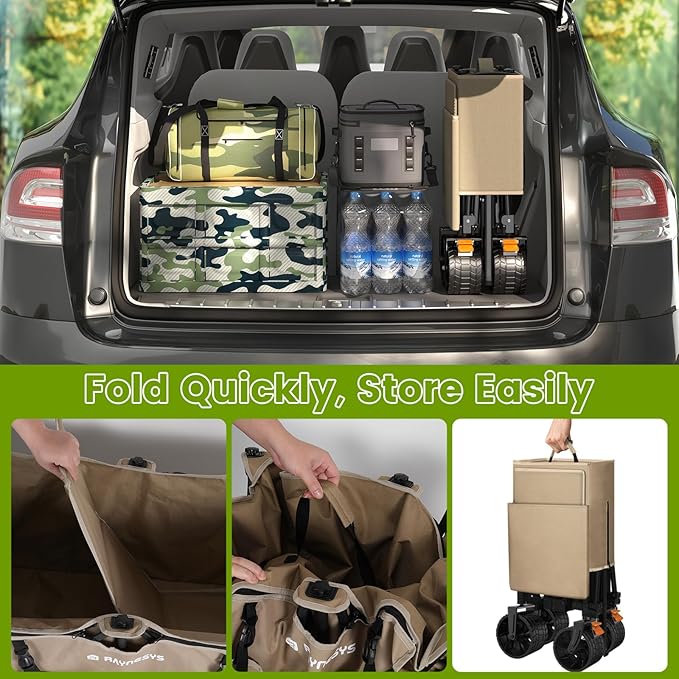 Collapsible Wagon Cart with Wheels, Foldable 440lbs 300L Heavy Duty Folding Wagon for Sports, Beach, Grocery, Camping, Coffee Brown - Upgraded Effortless Elegance