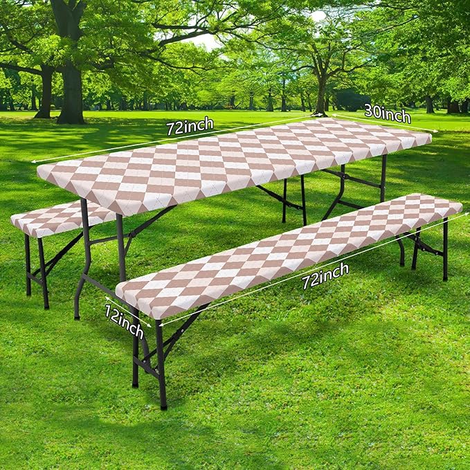 DYNH 3 Pcs Picnic Table Cover with Bench Covers, Waterproof Reusable Elastic Fitted Rectangle Picnic Table Cloths,30x60IN Beige Plaid Picnic Tablecloth for Camping Patio Travel Outdoor,2