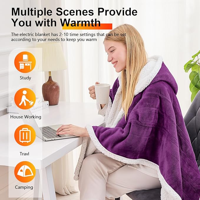 greenoak Wearable Heated Throw Blanket Electric Shawl - Heated Robe Poncho Blanket Hoodie for Adult, Winter Gifts for Mom Women Girlfriend Grandma 5-Position Timer 10-Heating Levels,Purple