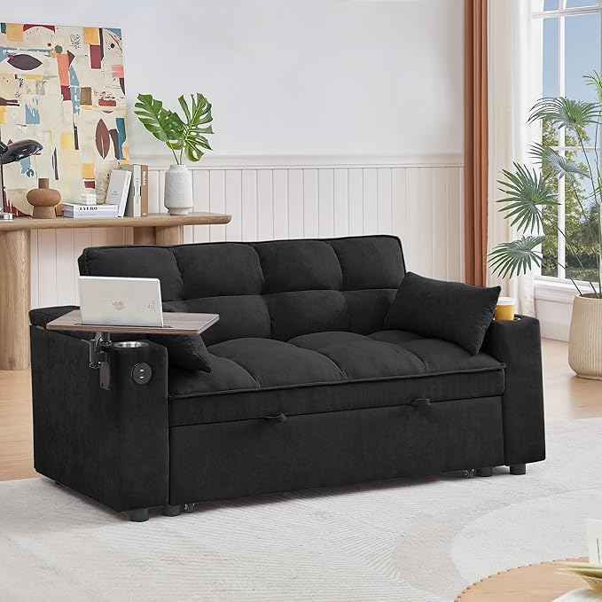 65'' 3-in-1 Folding Convertible Sofa Bed, Pullout Sofa, Modern Chenille Fabric, 360° Swivel Side Table, Easy Assembly, Perfect for Living Room, Black