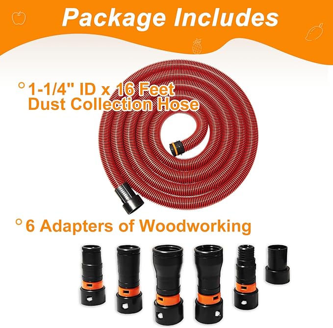16FT Shop Vac Hose, Dust Collection Hose Kit for Home&Shop Vacuums System with 6 Adapters for Woodworking Power Tool & Sander, Compatible with festool/dewalt/bosch/ryobi/makita, etc Most Multi-Brands