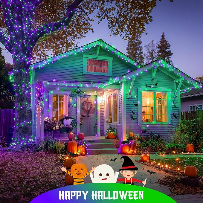 JMEXSUSS 250 LED Purple and Green String Lights Outdoor Waterproof with 8 Modes for Party Garden Patio Halloween Decorations
