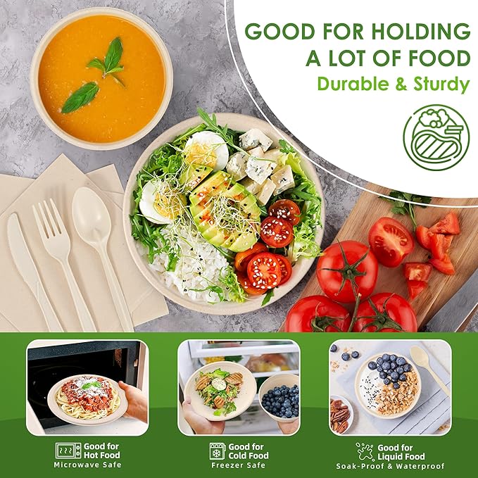 Disposable Paper Plates Set 300PCS Compostable Sugarcane Plates, Bowls, Heavy-duty Utensil, Biodegradable Napkins, Eco-friendly Dinnerware Set for Party Camping 50 People