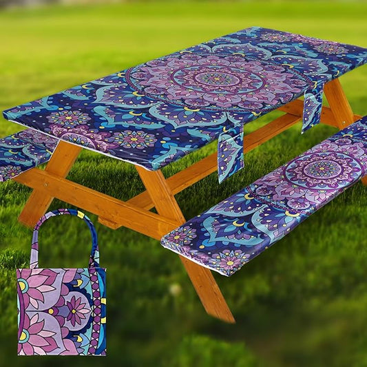 Fitted Picnic Table Cover with Bench Covers Waterproof Elastic Edges Rectangle Patio Tablecloth Outdoor Camping Essentials Stuff Rv Accessories Summer Trip Travel Camper Gifts for Woman Men, 72in 6 ft