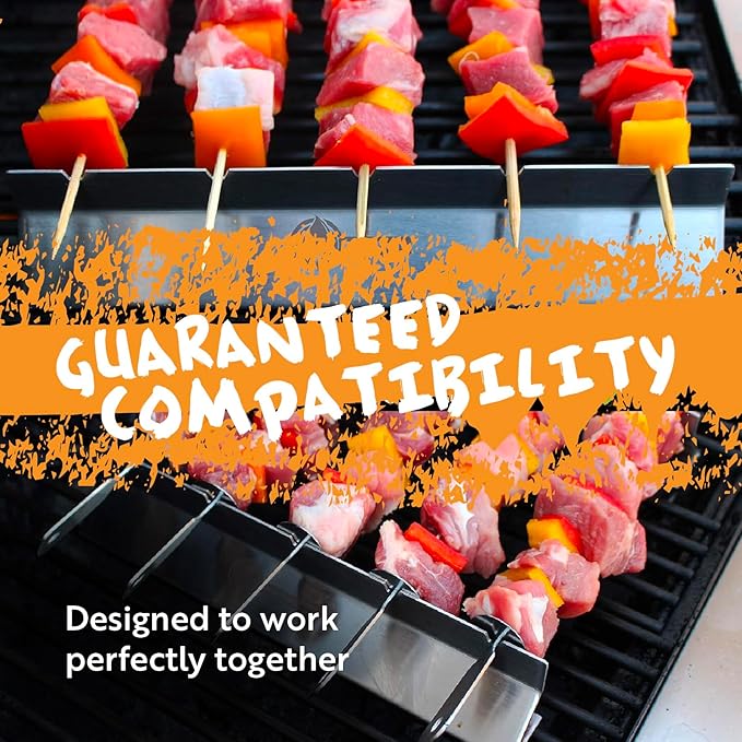 Cave Tools Kebab Rack & Skewers Set - Stainless Steel, Includes 10 Flat Skewers with Food Remover Disc - Compatible with All Types - 17.3 Inch BBQ Grilling Accessories