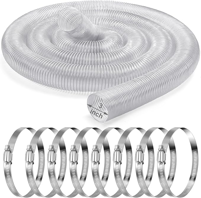 3 Inches 30 ft PVC Dust Collection Hose with Stainless Steel Hose Clamps Set Flexible Clear Vacuum Hose Puncture Resistant Fume Hose for Vacuums Cleaner Fume Dust Collection System (White)