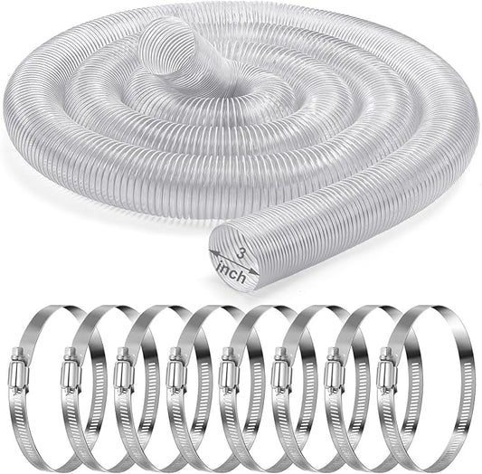 3 Inches 30 ft PVC Dust Collection Hose with Stainless Steel Hose Clamps Set Flexible Clear Vacuum Hose Puncture Resistant Fume Hose for Vacuums Cleaner Fume Dust Collection System (White)
