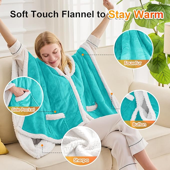 greenoak Wearable Heated Throw Blanket Electric Shawl - Heated Robe Poncho Blanket Hoodie for Adult, Winter Gifts for Mom Women Girlfriend Grandma 5-Position Timer 10-Heating Levels.Turquoise