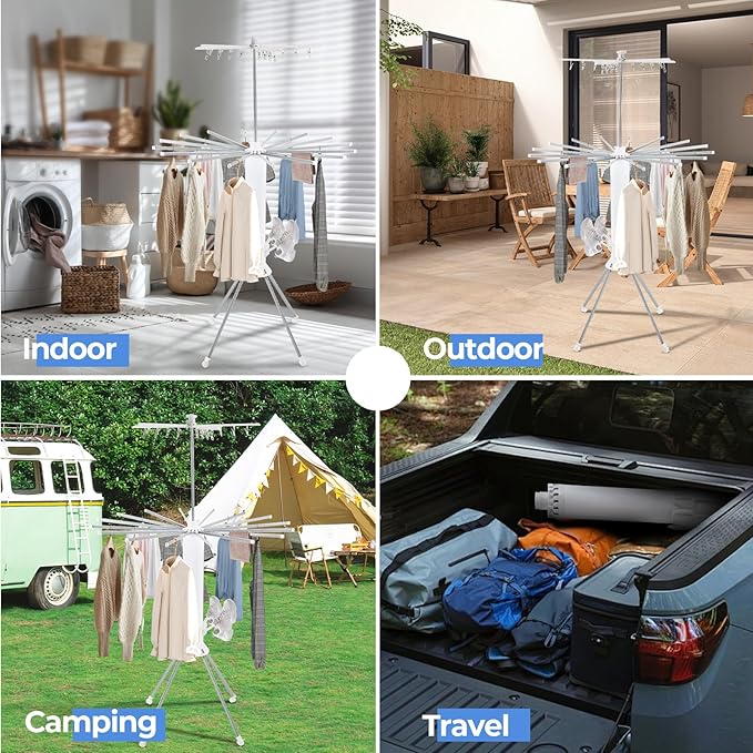 3 Tier Portable Clothes Drying Rackwith 4 Pulleys,Indoor and Outdoor Collapsible Rack Clothing with Shoe Drying Rack for Space Saving