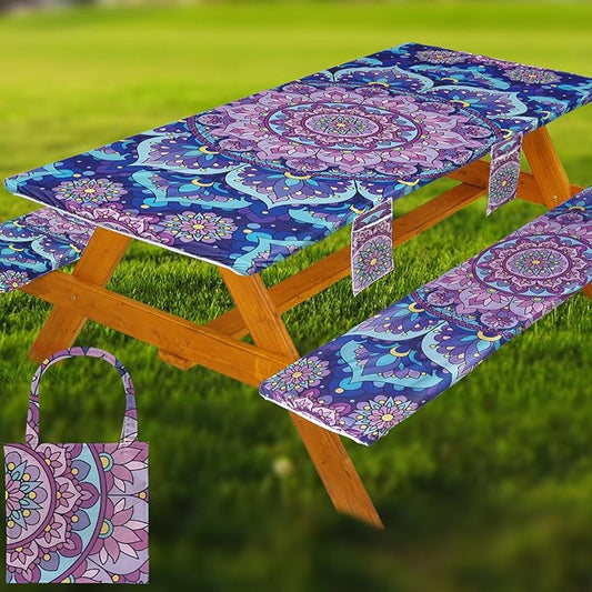 Fitted Picnic Table Cover with Bench Covers Set, Waterproof Lightweight Rectangle 72in Folding Table Cloths Canopy Shade Slipcover Cool Unique Fun Camping Gift for Camper Women Men Family Rv Owners