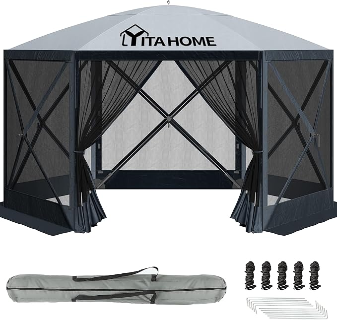 YITAHOME 12x12ft Camping Gazebo, Portable Pop Up Canopy Outdoor Screen Tent 6 Sided with Mesh Windows and Carry Bag for Camping, Picnic, Backyard Party Outside Activities, Gray