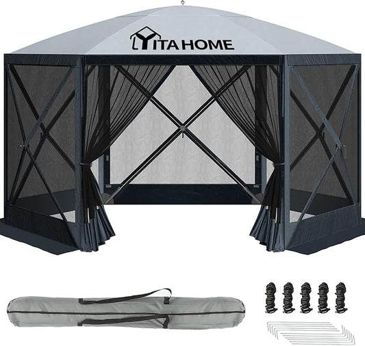 YITAHOME 12x12ft Camping Gazebo, Portable Pop Up Canopy Outdoor Screen Tent 6 Sided with Mesh Windows and Carry Bag for Camping, Picnic, Backyard Party Outside Activities, Gray
